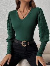 Green Swiss Dot V-Neck Blouse with Sheer Dotted Sleeves