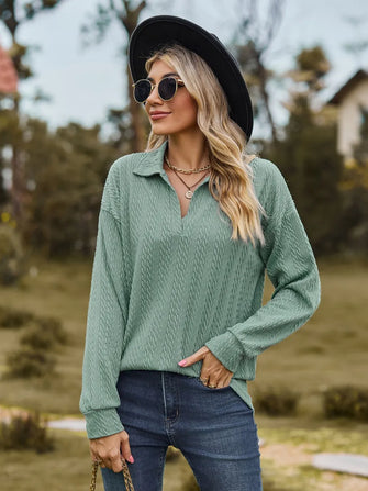 Green Textured Collared Long Sleeve Shirt for Women Gum Leaf