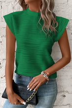 Green Textured Mock Neck Cap Sleeve Blouse Dark Green