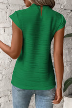 Green Textured Mock Neck Cap Sleeve Blouse