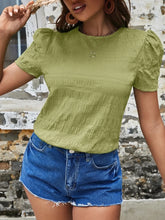 Green Textured Puff Sleeve Blouse with Ruched Detailing Short Sleeve Length Yellow-Green