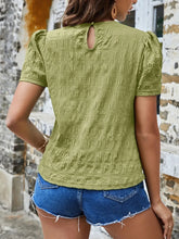 Green Textured Puff Sleeve Blouse with Ruched Detailing Short Sleeve Length