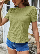 Green Textured Puff Sleeve Blouse with Ruched Detailing Short Sleeve Length