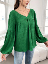 Green Textured V Neck Blouse with Balloon Sleeves Dark Green