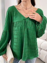 Green Textured V Neck Blouse with Balloon Sleeves