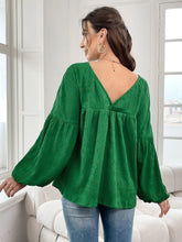 Green Textured V Neck Blouse with Balloon Sleeves