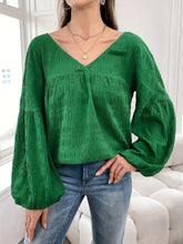 Green Textured V Neck Blouse with Balloon Sleeves