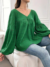 Green Textured V Neck Blouse with Balloon Sleeves