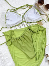 Green Three Piece Swimsuit Set with Cup Height and Sheer Sarong Woman Swim sets