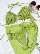 Green Three Piece Swimsuit Set with Cup Height and Sheer Sarong