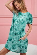 Green Puff Sleeve Tie Dye Dress with Pockets Casual Dresses