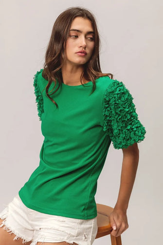 Green Top with Short Mesh Flower Sleeves for Women JADE