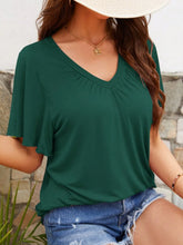 Green V-Neck Flutter Sleeve Blouse for Women