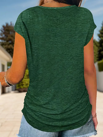 Green V-Neck T-Shirt with Zipper Detail Dark Green