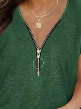 Green V-Neck T-Shirt with Zipper Detail