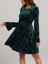 Green Velvet Floral Ruched Ruffled Dress for Women