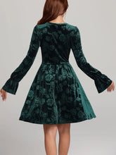 Green Velvet Floral Ruched Ruffled Dress for Women