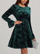 Green Velvet Floral Ruched Ruffled Dress for Women