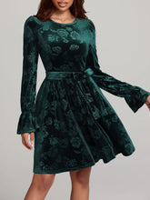 Green Velvet Floral Ruched Ruffled Dress for Women Dark Green