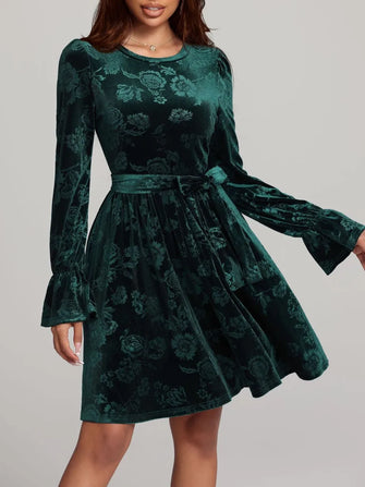 Green Velvet Floral Ruched Ruffled Dress for Women Dark Green