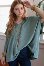 Green Waffle Knit V Neck Top for Women Air Force Blue