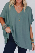 Green Waffle Knit V Neck Top for Women