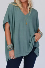 Green Waffle Knit V Neck Top for Women Woman T Shirts