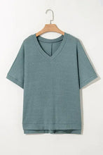 Green Waffle Knit V Neck Top for Women Woman T Shirts