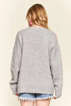 Heather gray oversized heart sweater cardigan with pink floral embroidery