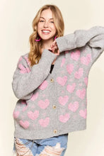 Grey and pink heart sweater cardigan with charming button-down design