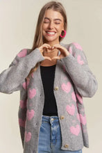 Grey heart sweater cardigan with pink hearts and charming button-down design
