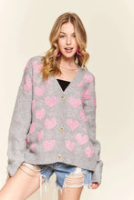 Grey and pink heart sweater cardigan with charming button-down design