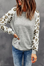 Women’s grey long-sleeve sweatshirt with leopard print raglan sleeves