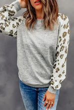 Grey leopard print raglan sleeve long-sleeve sweatshirt for women