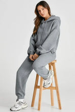 Grey oversized hoodie and jogger set full length with white sneakers