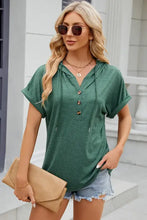Women’s dark green short sleeve hooded top with half buttons and drawstring