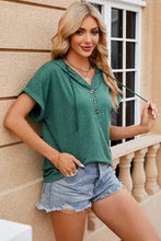 Half Button Drawstring Short Sleeve Hooded T-Shirt Woman T Shirts