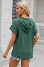 Dark green women’s short sleeve hooded t-shirt with half button drawstring