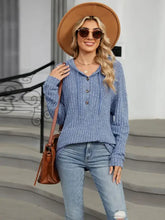 Women’s blue ribbed knit half button long sleeve hooded top