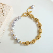 Half Pearl Half Chain Stainless Steel Bracelet Gold One Size Necklaces