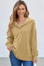 Mustard yellow half snap long sleeve dropped shoulder hoodie with henley neckline