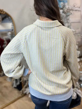 Half snap long sleeve sweatshirt in pale mint green ribbed knit with subtle gold vertical stripes for casual wear