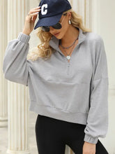 Light gray long-sleeve collared sweatshirt quarter-zip crop top