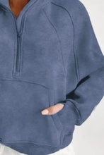 Dusty blue half zip long sleeve sweatshirt with kangaroo pocket