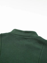 Dark green half zip stand collar casual sweatshirt with ribbed cuffs, slightly stretchy fabric, and machine wash care