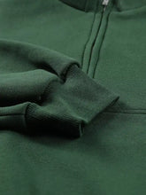 Dark green half zip stand collar fleece sweatshirt with ribbed cuffs, subtle texture, slightly stretchy, machine wash safe