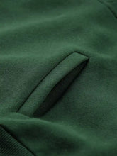 Dark green fleece pocket with ribbed edge on a slightly stretchy half zip stand collar sweatshirt machine wash safe