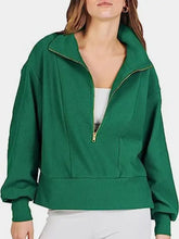 Women’s green half-zip pullover sweatshirt with long sleeves, basic style
