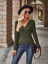Half-Zip V-Neck Long Sleeve Top Army Green Woman Blouses