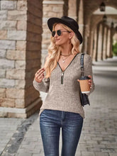 Langarmshirt mit halbem Reißverschluss und V-Ausschnitt für Damen Blusen